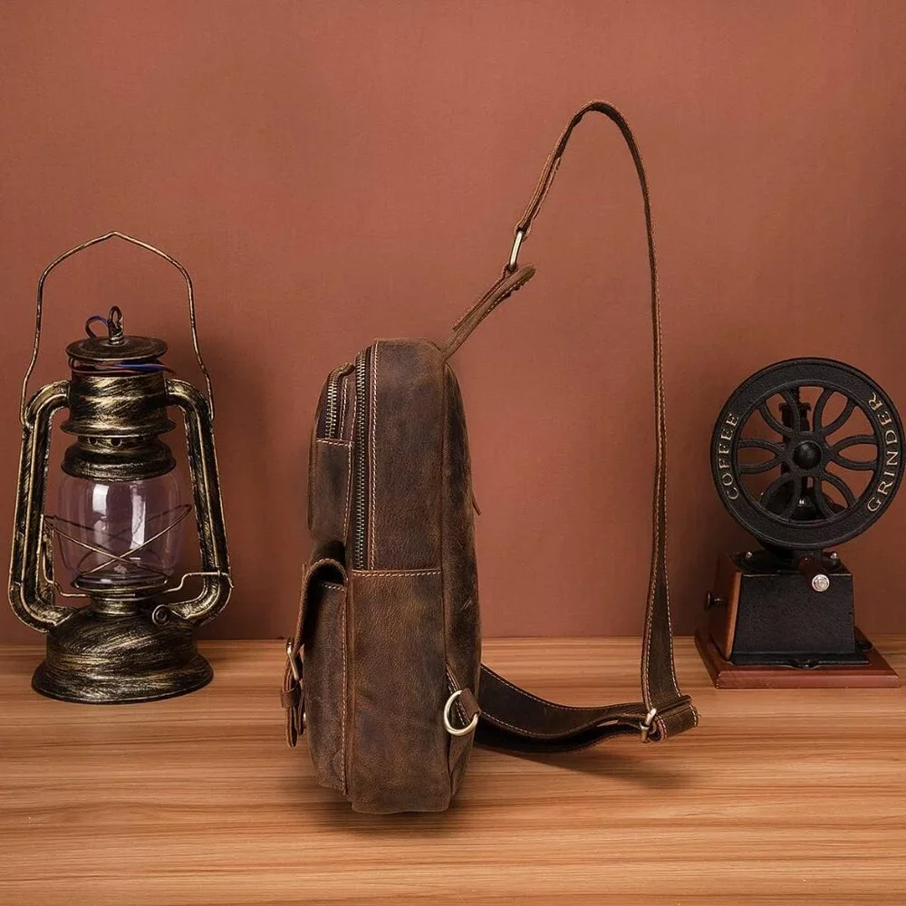 ✨Le'aokuu Men Brown Casual Travel Hiking Chest Bag Rig One Shoulder Strap Bags